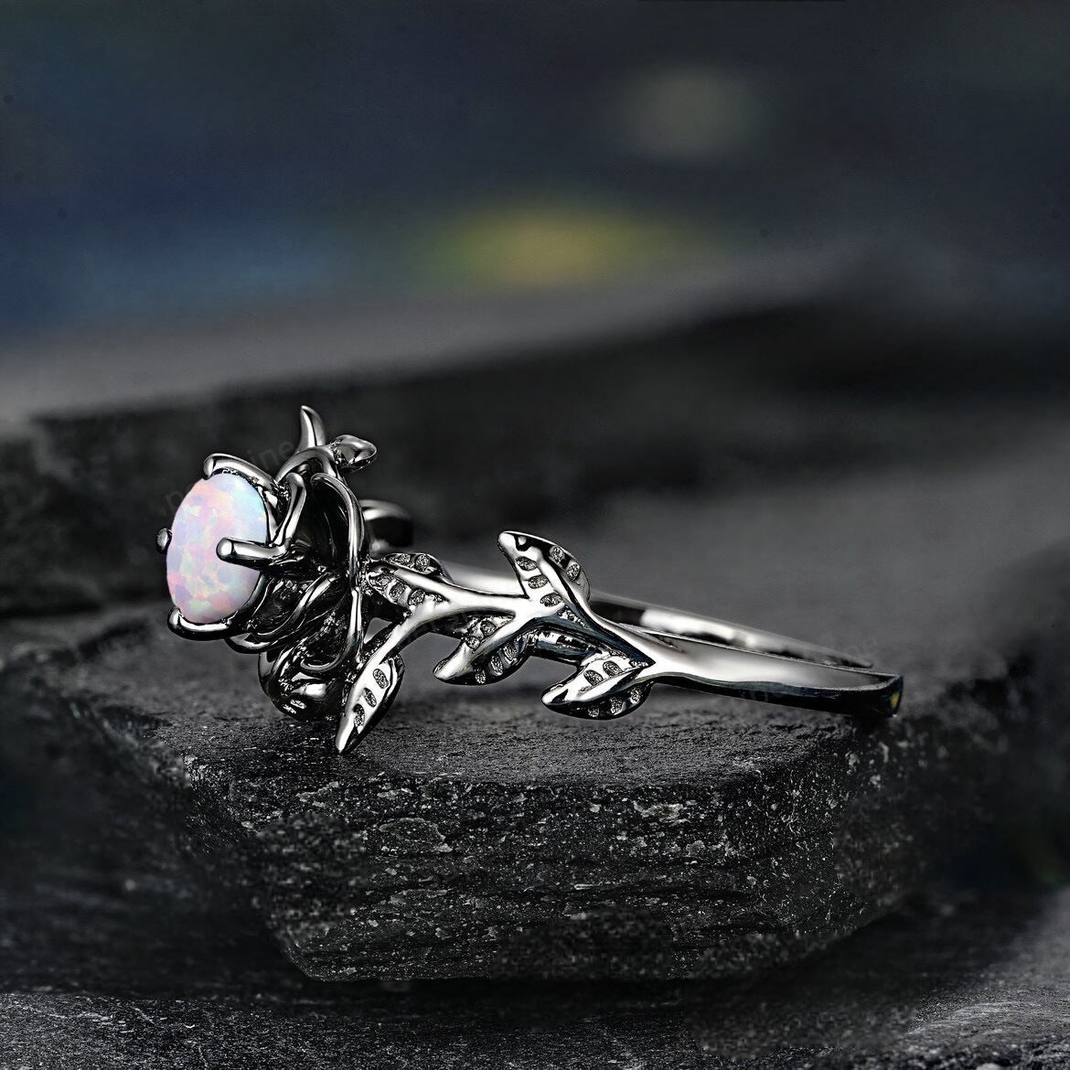 Black Vintage Inlaid Opal Ring | Antique Style Black Opal Ring | October Birthstone Gift for Her