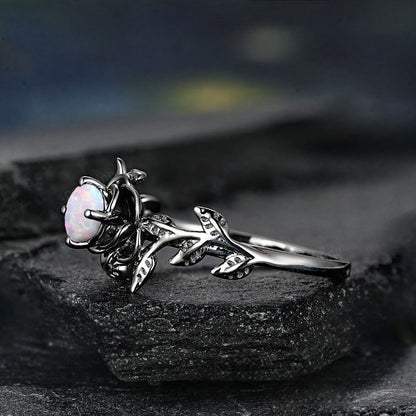 Black Vintage Inlaid Opal Ring | Antique Style Black Opal Ring | October Birthstone Gift for Her