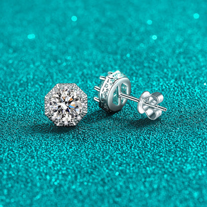 2 Carat Moissanite Stud Earrings 925 Sterling Silver, Octagonal Halo Earrings, 6.5mm Brilliant Cut Bridal Jewelry Gift for Her