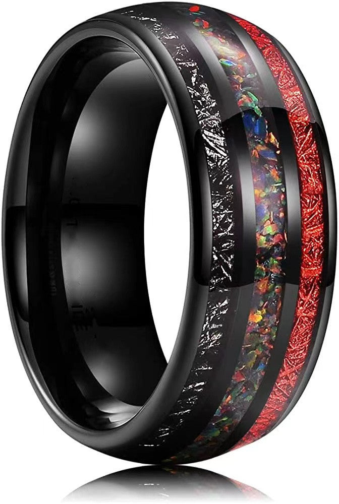 Opal Ruby Black Meteorite Ring | Rare Opal Ruby Meteorite Inlay Ring | Anniversary Gift for Him and Her