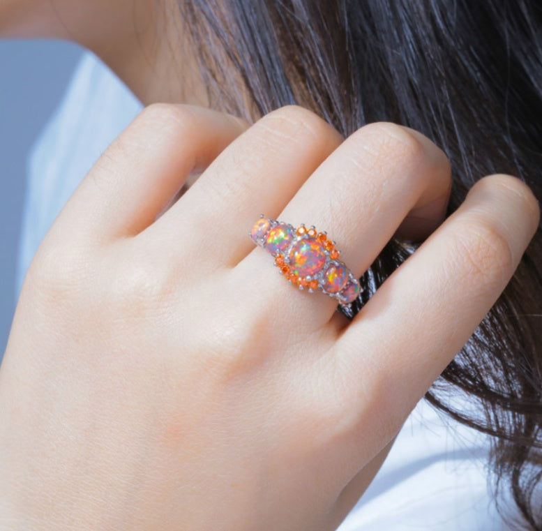 Opal Cluster Ring in Sterling Silver | Multi Stone Opal Cluster Ring | October Birthstone Gift for Her
