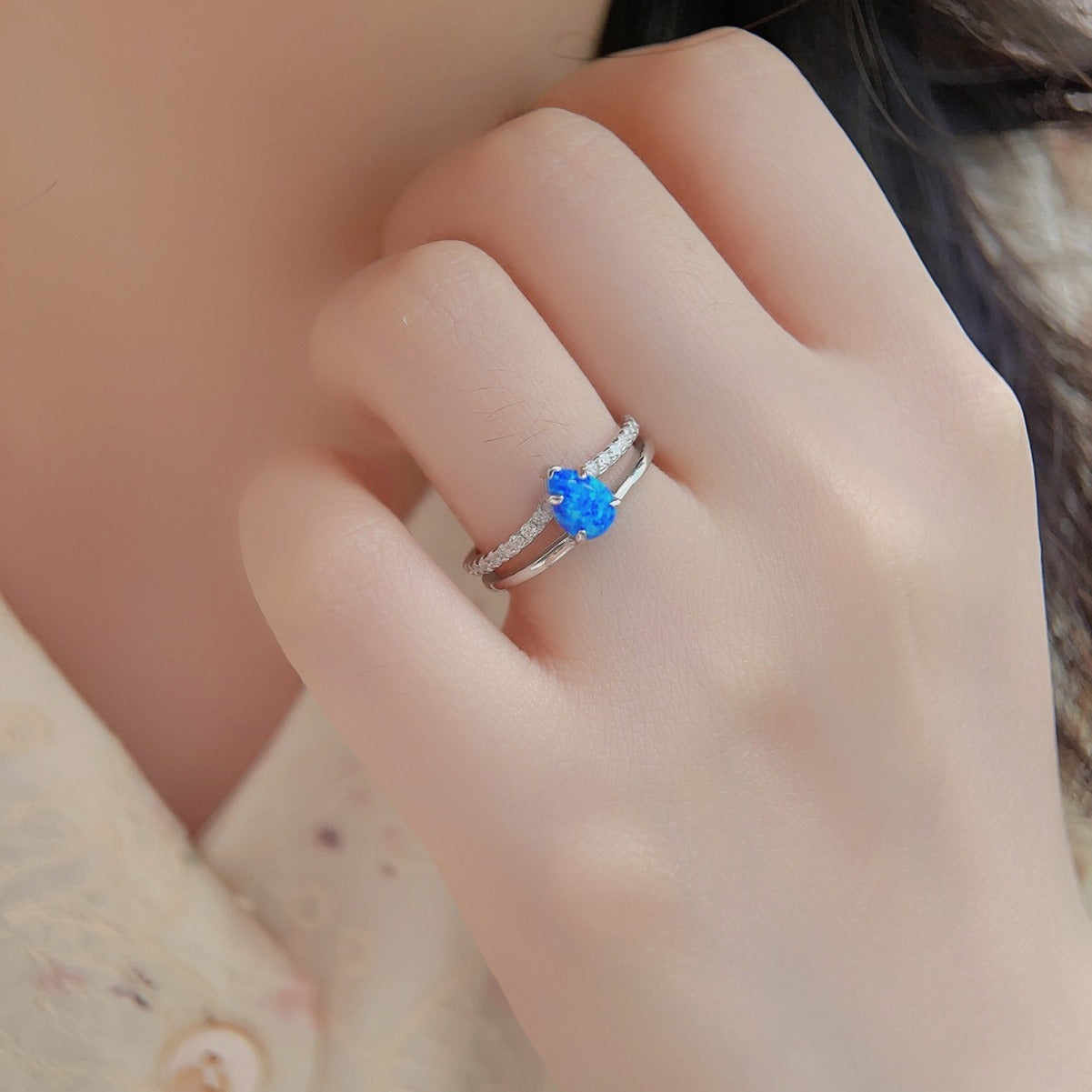 Blue Water Drop Opal Ring in Sterling Silver | Teardrop Blue Opal Ring | October Birthstone Gift for Her