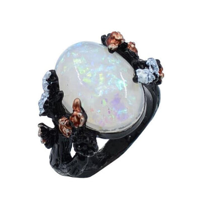 Vintage Flower Opal Ring in Black Gold | Floral Opal Statement Ring | October Birthstone Gift for Her