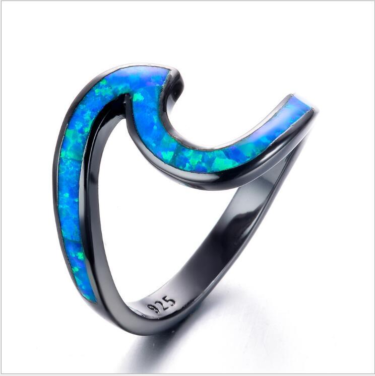 Black Gold Plated White Opal Ocean Wave Ring | Silver Opal Inlay Statement Ring | October Birthstone Gift for Her