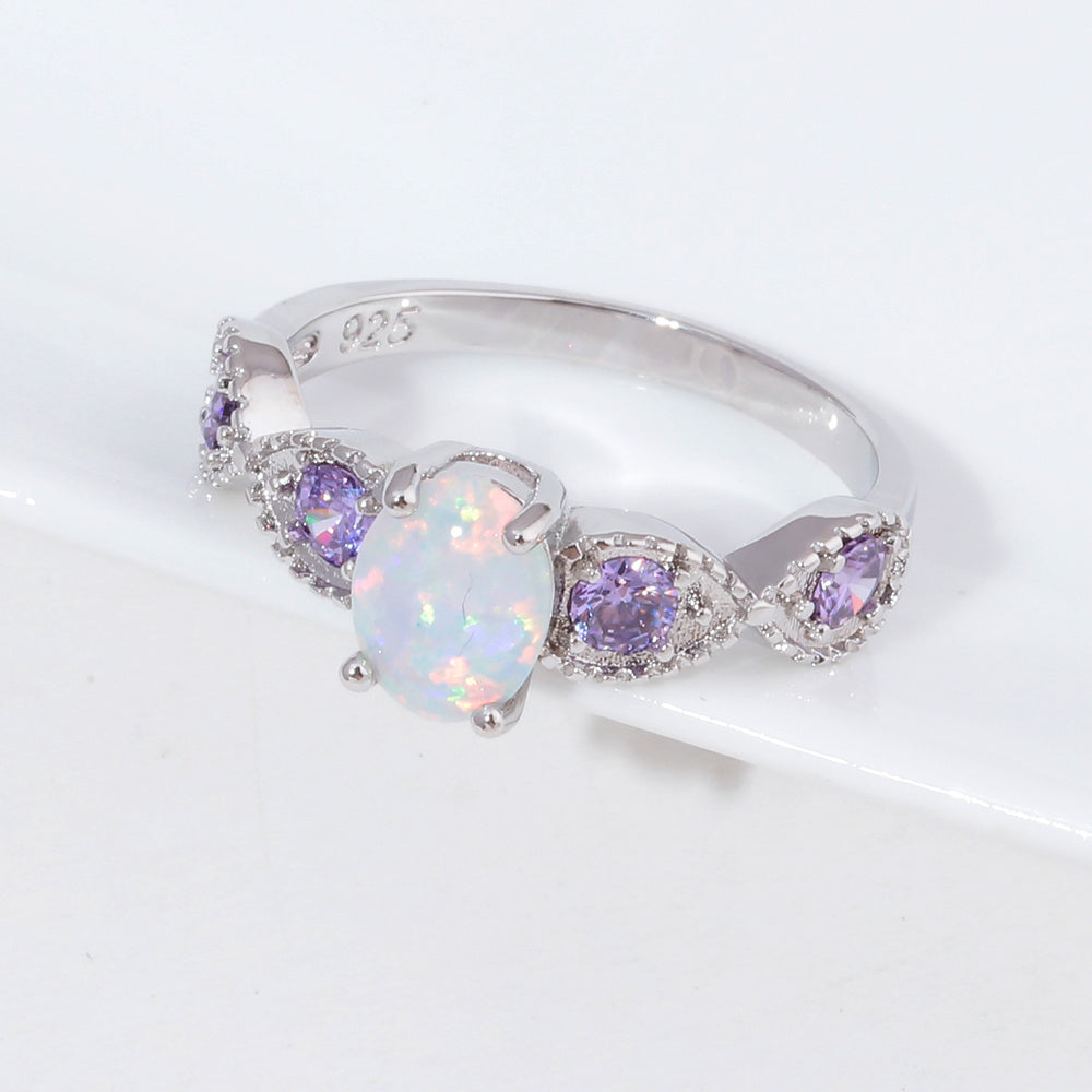 Round Zircon and Opal Ring in Sterling Silver | Sparkling Opal Zircon Gemstone Ring | October Birthstone Gift for Her