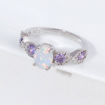 Round Zircon and Opal Ring in Sterling Silver | Sparkling Opal Zircon Gemstone Ring | October Birthstone Gift for Her