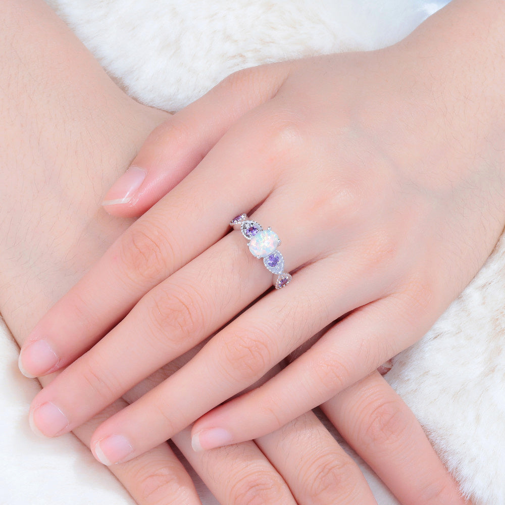 Round Zircon and Opal Ring in Sterling Silver | Sparkling Opal Zircon Gemstone Ring | October Birthstone Gift for Her