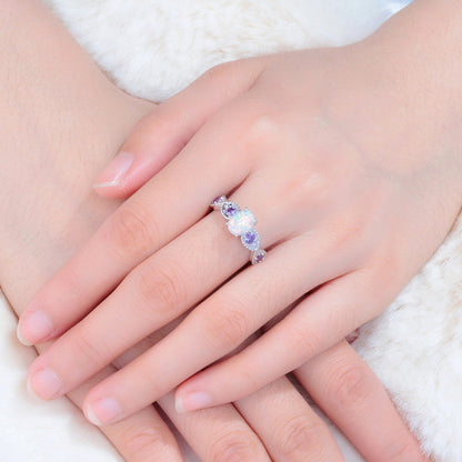 Round Zircon and Opal Ring in Sterling Silver | Sparkling Opal Zircon Gemstone Ring | October Birthstone Gift for Her