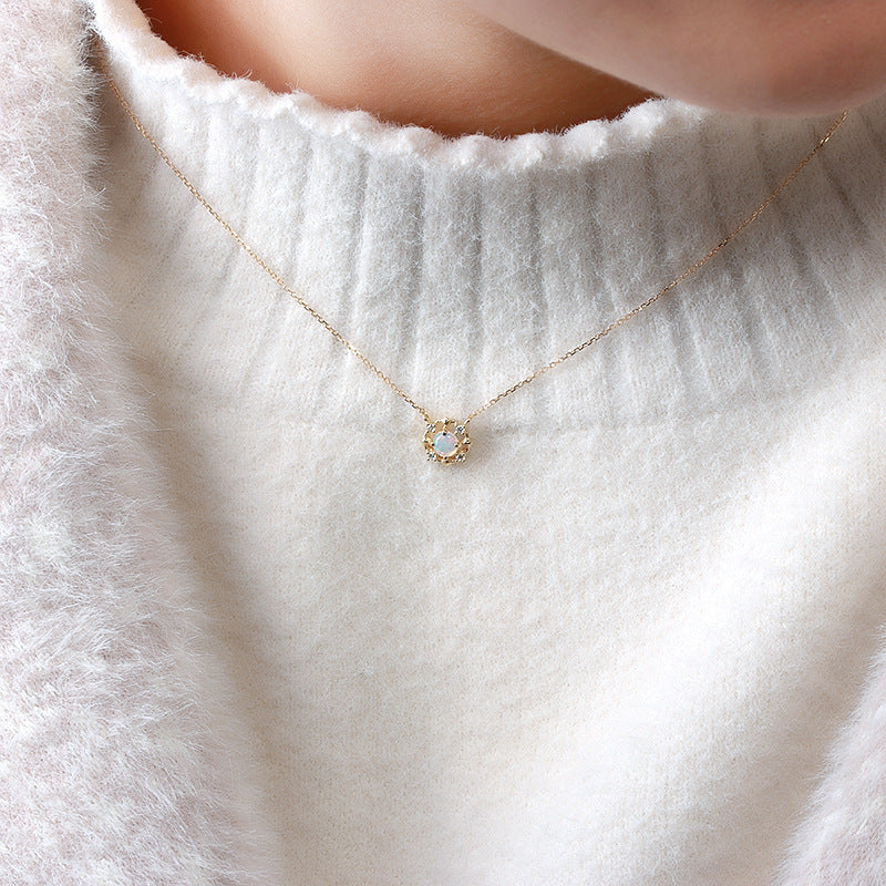 Vintage Round Opal Necklace Sterling Silver Gold Pendant, October Birthstone Gift for Her, Bridal Opal Jewelry, Anniversary Birthday Gift