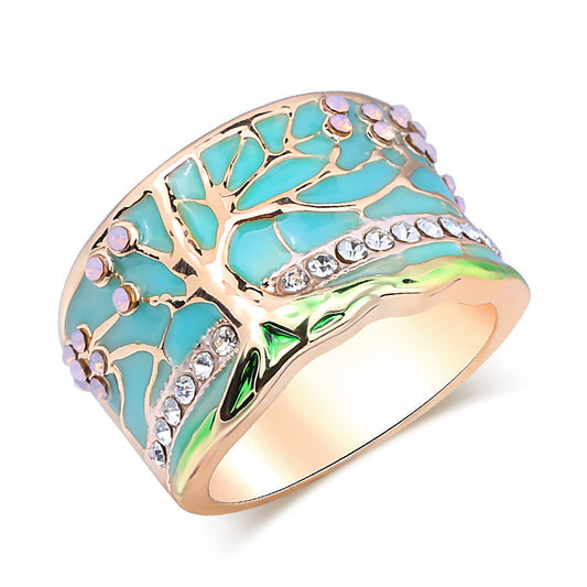 Tree of Life Turquoise Enamel Wide Band Ring in Sterling Silver | Nature Inspired Ring | Gift for Her