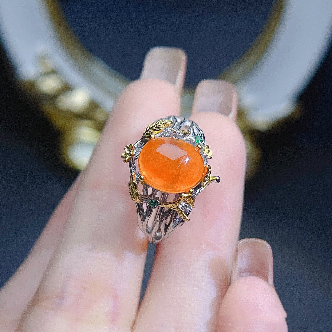 Natural Fire Opal Ring in S925 Sterling Silver | Genuine Fire Opal Gemstone Ring | October Birthstone Gift for Her