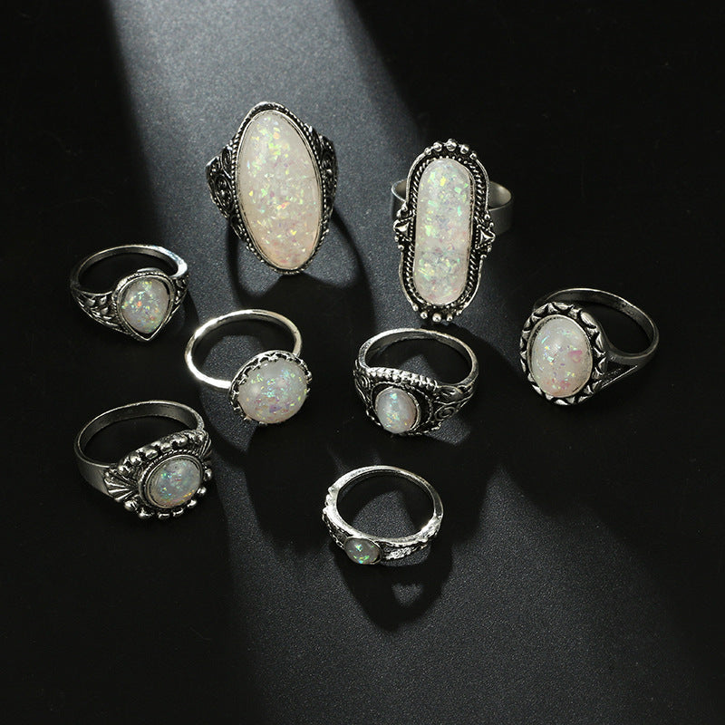 8 Piece Green Opal Boho Stacking Ring Set in Sterling Silver | Stackable Boho Opal Rings | October Birthstone Gift for Her