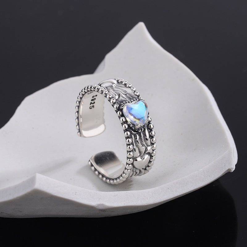 Sterling Silver Heart Gem Ring | Adjustable S925 Ring for Women | Vintage Heart Gemstone Gift for Her