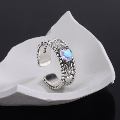 Sterling Silver Heart Gem Ring | Adjustable S925 Ring for Women | Vintage Heart Gemstone Gift for Her