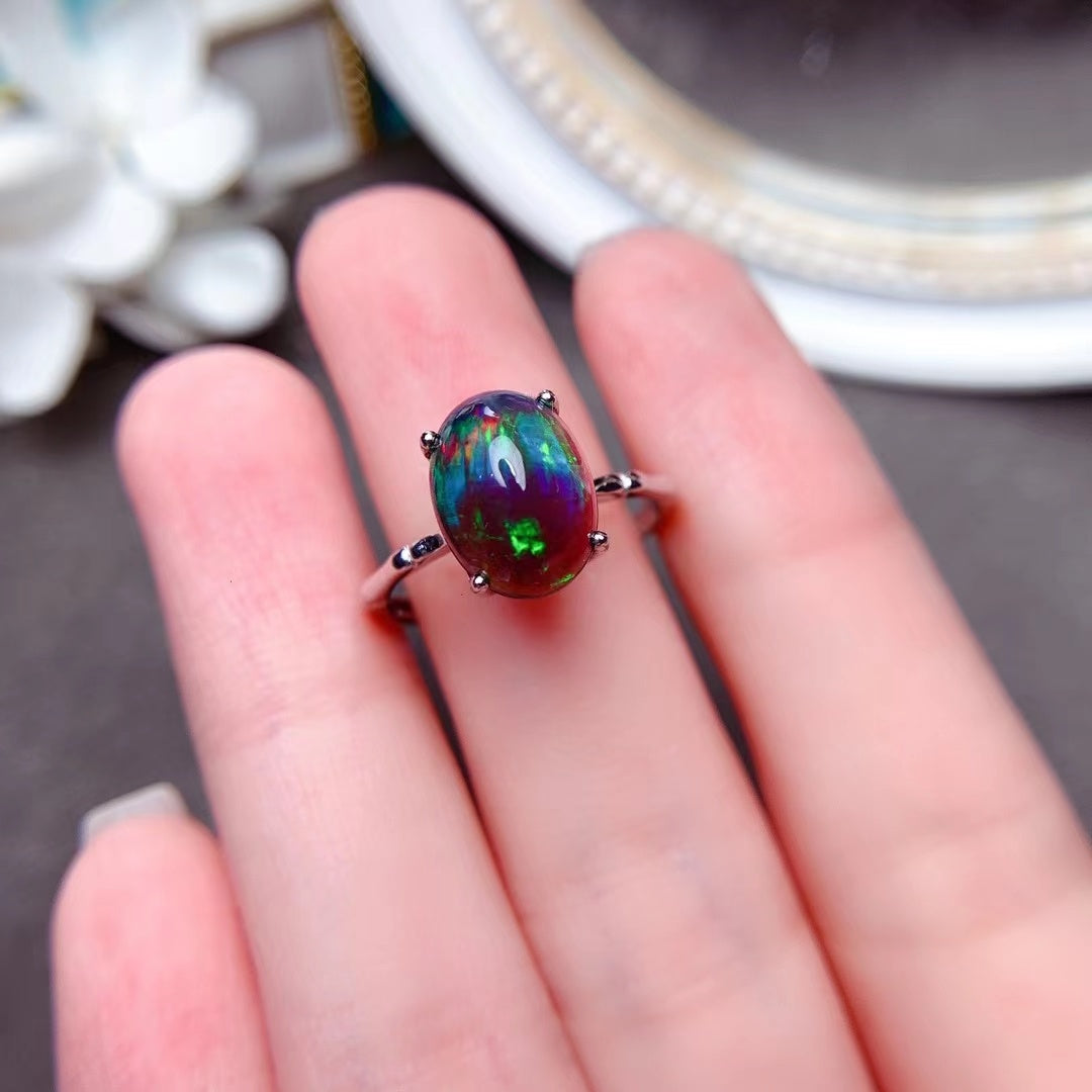 Delicate Mosaic Natural Black Opal Ring in 925 Sterling Silver | Rare Black Opal Ring | October Birthstone Gift for Her