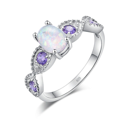 Round Zircon and Opal Ring in Sterling Silver | Sparkling Opal Zircon Gemstone Ring | October Birthstone Gift for Her
