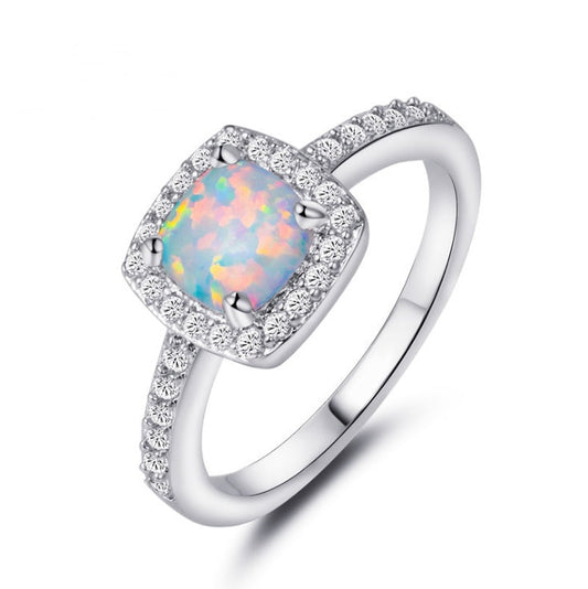 Cushion Cut Opal Halo Ring in Sterling Silver | Cushion Opal Engagement Ring | October Birthstone Gift for Her