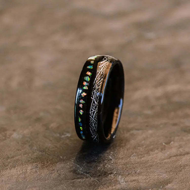 Black Opal Tungsten Ring | U-Shaped Black Wedding Band with Opal Inlay | Anniversary Gift for Her and Him