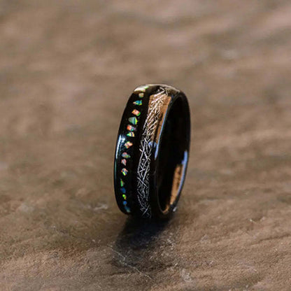 Black Opal Tungsten Ring | U-Shaped Black Wedding Band with Opal Inlay | Anniversary Gift for Her and Him