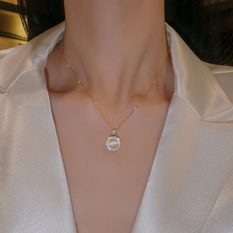 Round Opal Halo Pendant Necklace