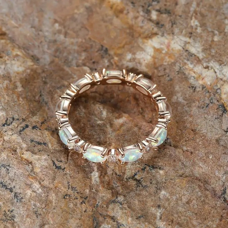 Gold Oval Opal Eternity Ring | Elegant Gold Opal Band Ring | October Birthstone Anniversary Gift for Her