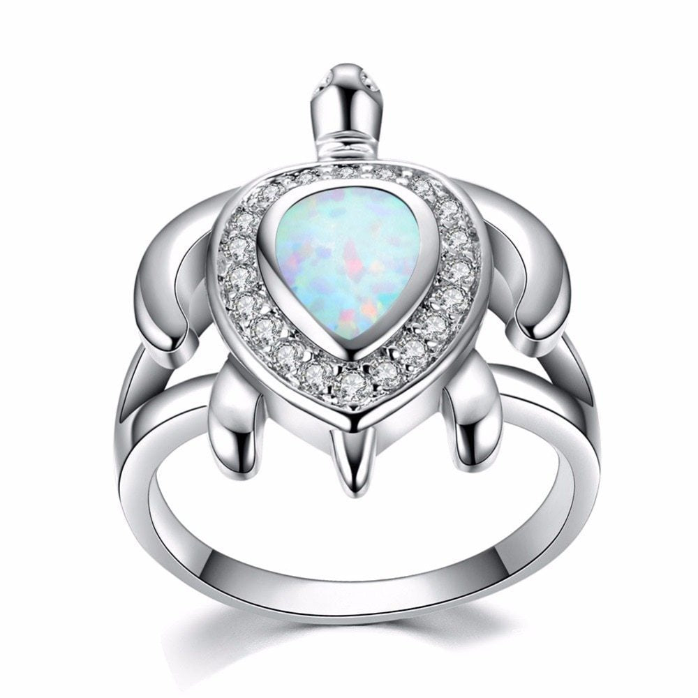 White Fire Opal Turtle Ring in Sterling Silver | Ocean Turtle Opal Ring | October Birthstone Gift for Her