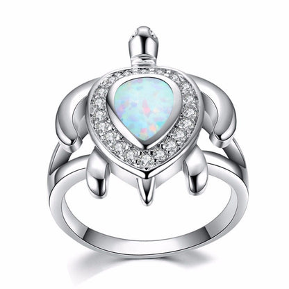 White Fire Opal Turtle Ring in Sterling Silver | Ocean Turtle Opal Ring | October Birthstone Gift for Her