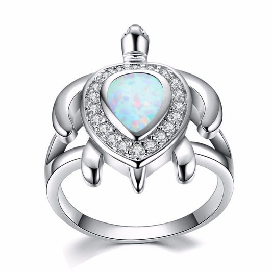 White Fire Opal Turtle Ring in Sterling Silver | Ocean Turtle Opal Ring | October Birthstone Gift for Her