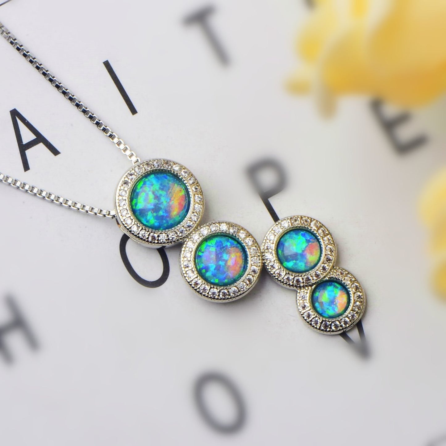 Blue Fire Opal Circle Pendant Necklace