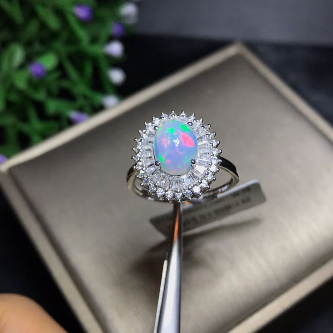 Natural Ethiopian Opal Halo Ring in Sterling Silver | Genuine Ethiopian Opal Ring | October Birthstone Gift for Her