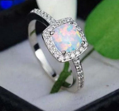 Cushion Cut Opal Halo Ring in Sterling Silver | Cushion Opal Engagement Ring | October Birthstone Gift for Her