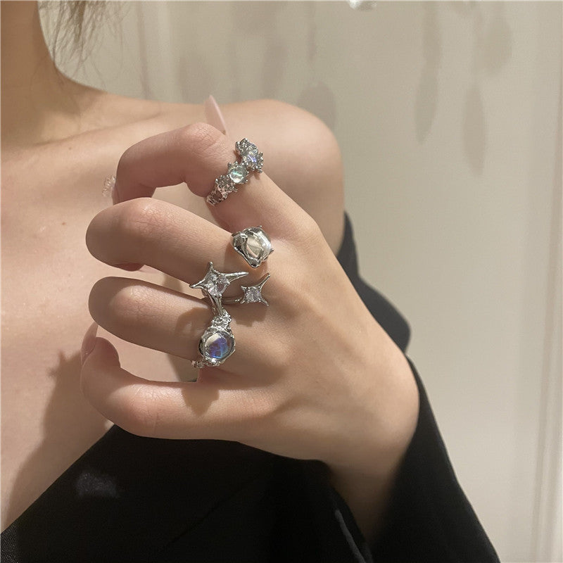 Adjustable Opal Silver Ring with Rhinestones | October Birthstone Opal Ring Gift for Her