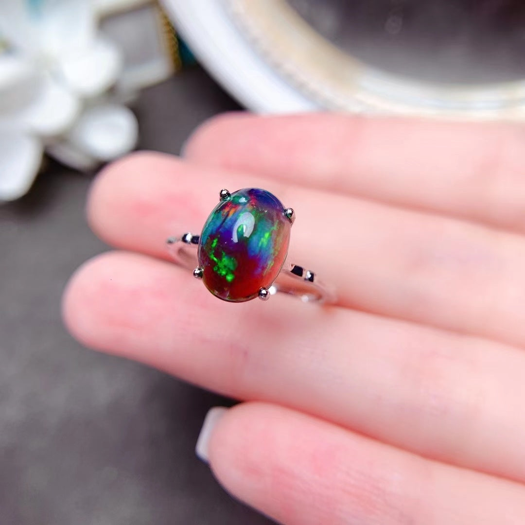 Delicate Mosaic Natural Black Opal Ring in 925 Sterling Silver | Rare Black Opal Ring | October Birthstone Gift for Her