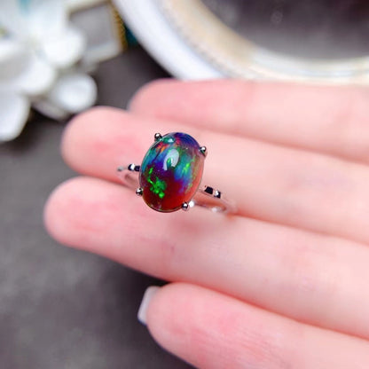 Delicate Mosaic Natural Black Opal Ring in 925 Sterling Silver | Rare Black Opal Ring | October Birthstone Gift for Her