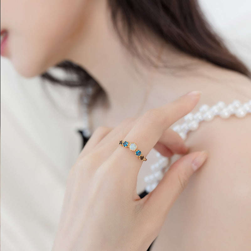 Opal and Blue Topaz 5-Stone Ring in Sterling Silver | Multi Gemstone Ring | October Birthstone Gift for Her