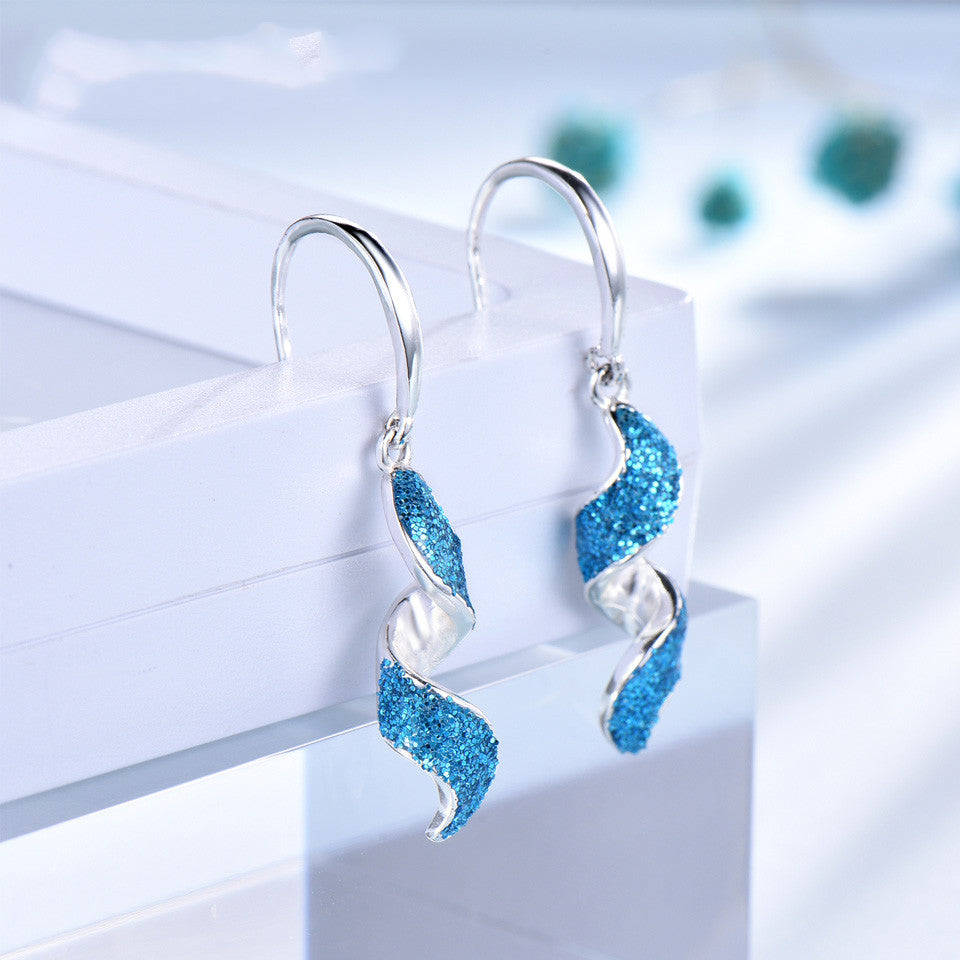 Silver Sea Blue Spiral Drop Earrings