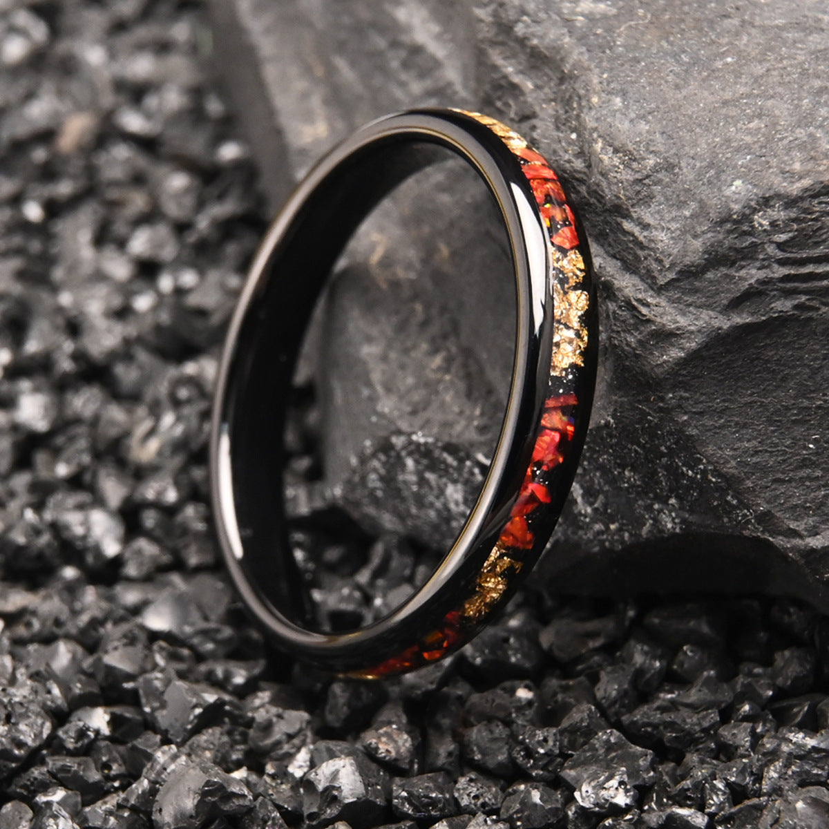 Red Opal Inlay Tungsten Ring | Black Tungsten Wedding Band | Anniversary and Valentine Gift for Him and Her