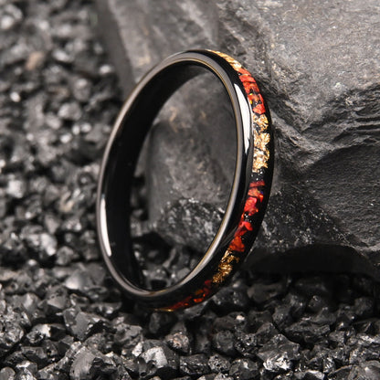 Red Opal Inlay Tungsten Ring | Black Tungsten Wedding Band | Anniversary and Valentine Gift for Him and Her