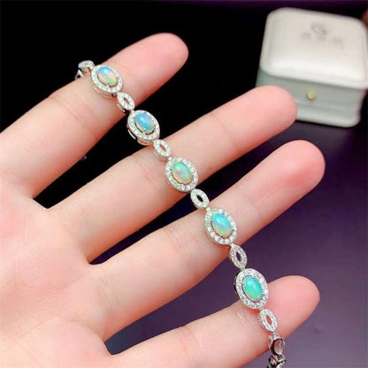 Sterling Silver Inlaid Oval Opal Bracelet | 4×6mm Natural Opal Jewelry | Elegant Style