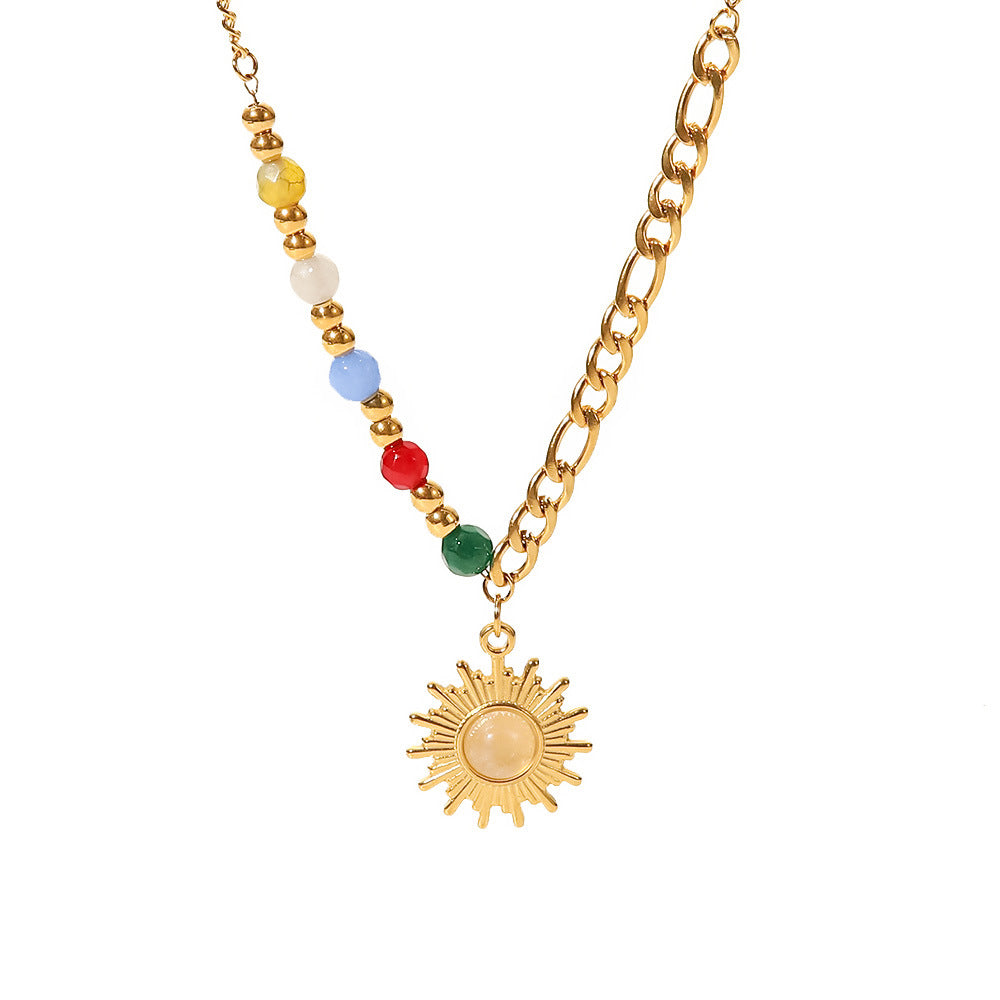 18K Gold Natural Stone Opal Sun Pendant Necklace