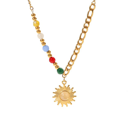 18K Gold Natural Stone Opal Sun Pendant Necklace