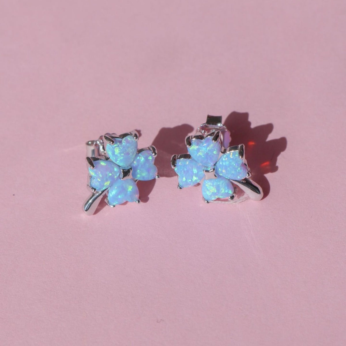 Opal Four-Leaf Clover Pendant Necklace & Ear Studs Pair