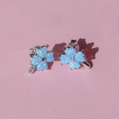 Opal Four-Leaf Clover Pendant Necklace & Ear Studs Pair