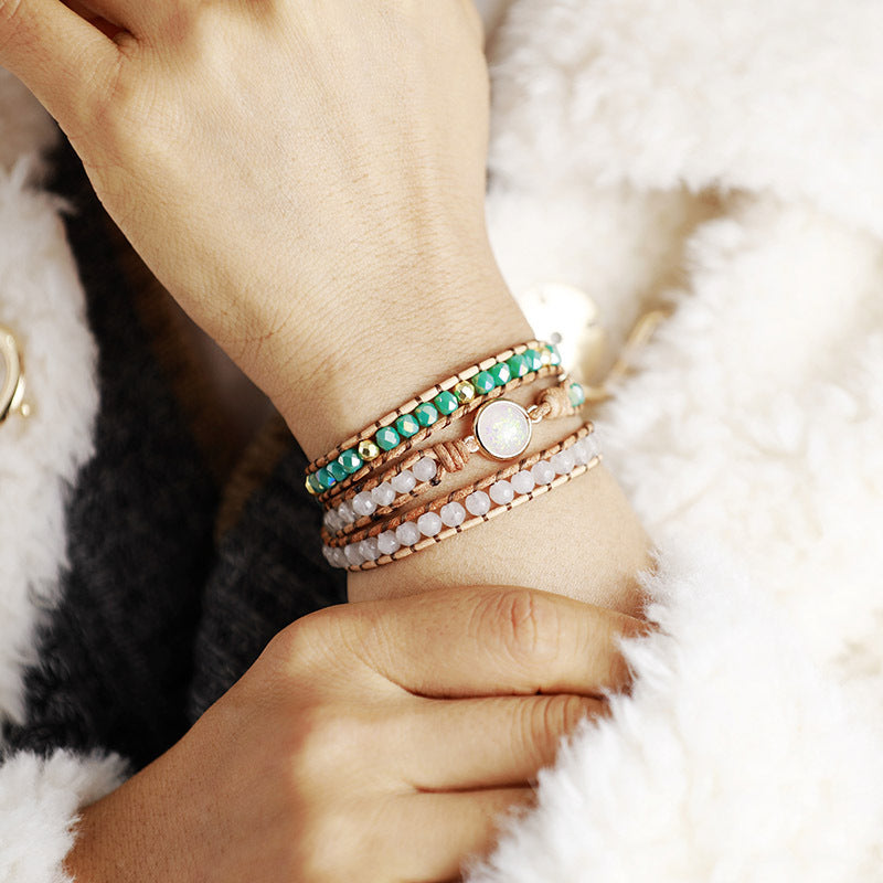 Opal Stone & Crystal 3-Layer Wrap Bracelet