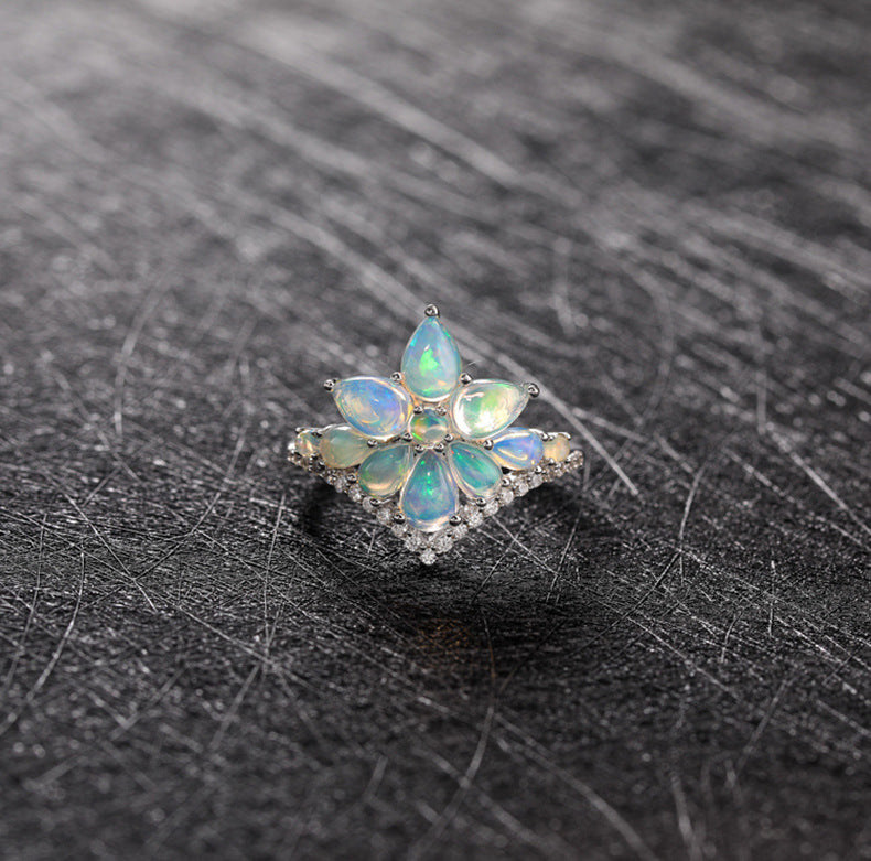 Flower Opal Ring in 925 Sterling Silver | Purple and White Gemstone Floral Ring | October Birthstone Gift for Her