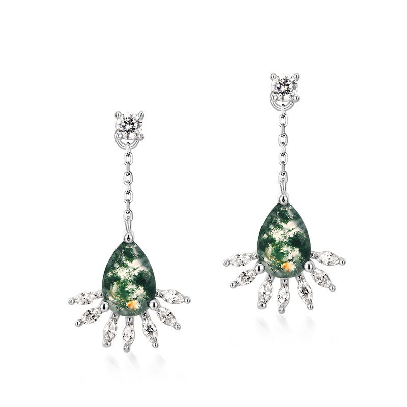 Moss Agate Drop Earrings 925 Sterling Silver