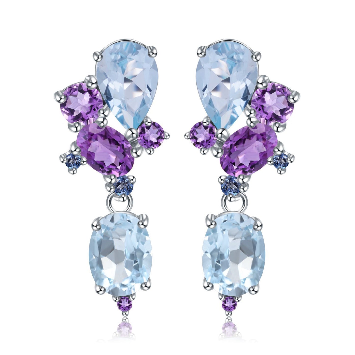 Sky Blue Topaz & Amethyst Drop Earrings 925 Sterling Silver, Natural Gemstone Dangle Earrings, Bridal Statement Jewelry Gift for Her