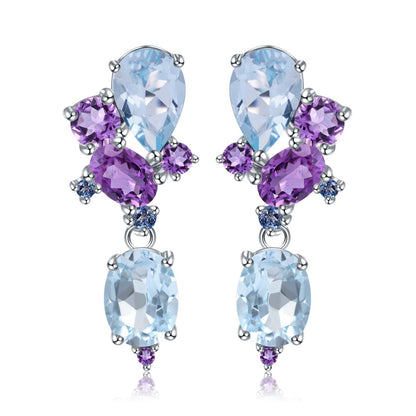 Sky Blue Topaz & Amethyst Drop Earrings 925 Sterling Silver, Natural Gemstone Dangle Earrings, Bridal Statement Jewelry Gift for Her