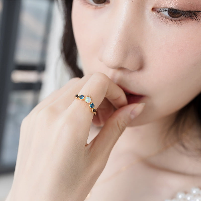 Opal and Blue Topaz 5-Stone Ring in Sterling Silver | Multi Gemstone Ring | October Birthstone Gift for Her