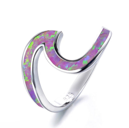 Wave Design Opal Inlay Silver Ring | Natural Opal Wave Ring | October Birthstone Gift for Her